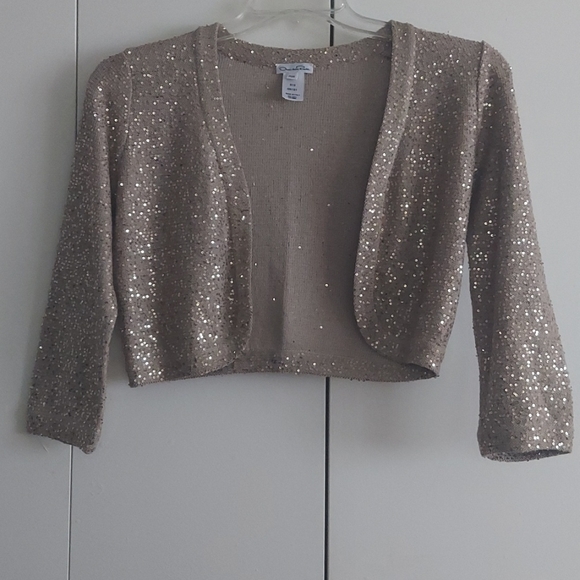 Oscar de la Renta Sequined Cropped Open Cardigan Bolero Size Medium Tan Gold - Picture 2 of 16